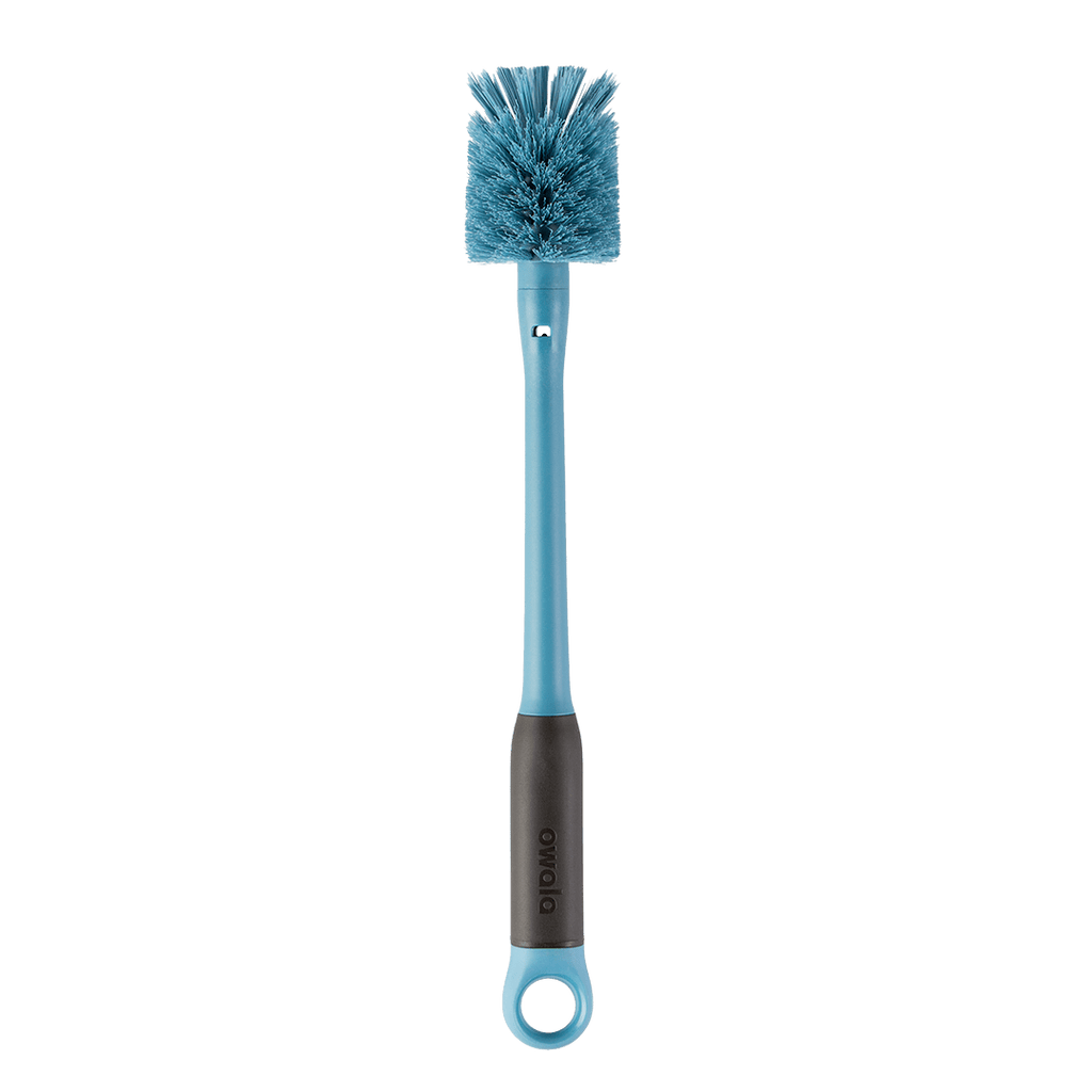 2-in-1 Bottle Brush; medium blue long-handled bottle brush with dark gray grip and blue loop ring at base